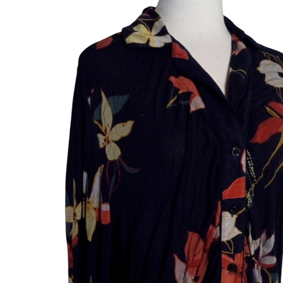 Soma Floral Navy Blue Button Semi Ruched Front Long Sleeve Blouse Cover Up Small - Picture 3 of 7